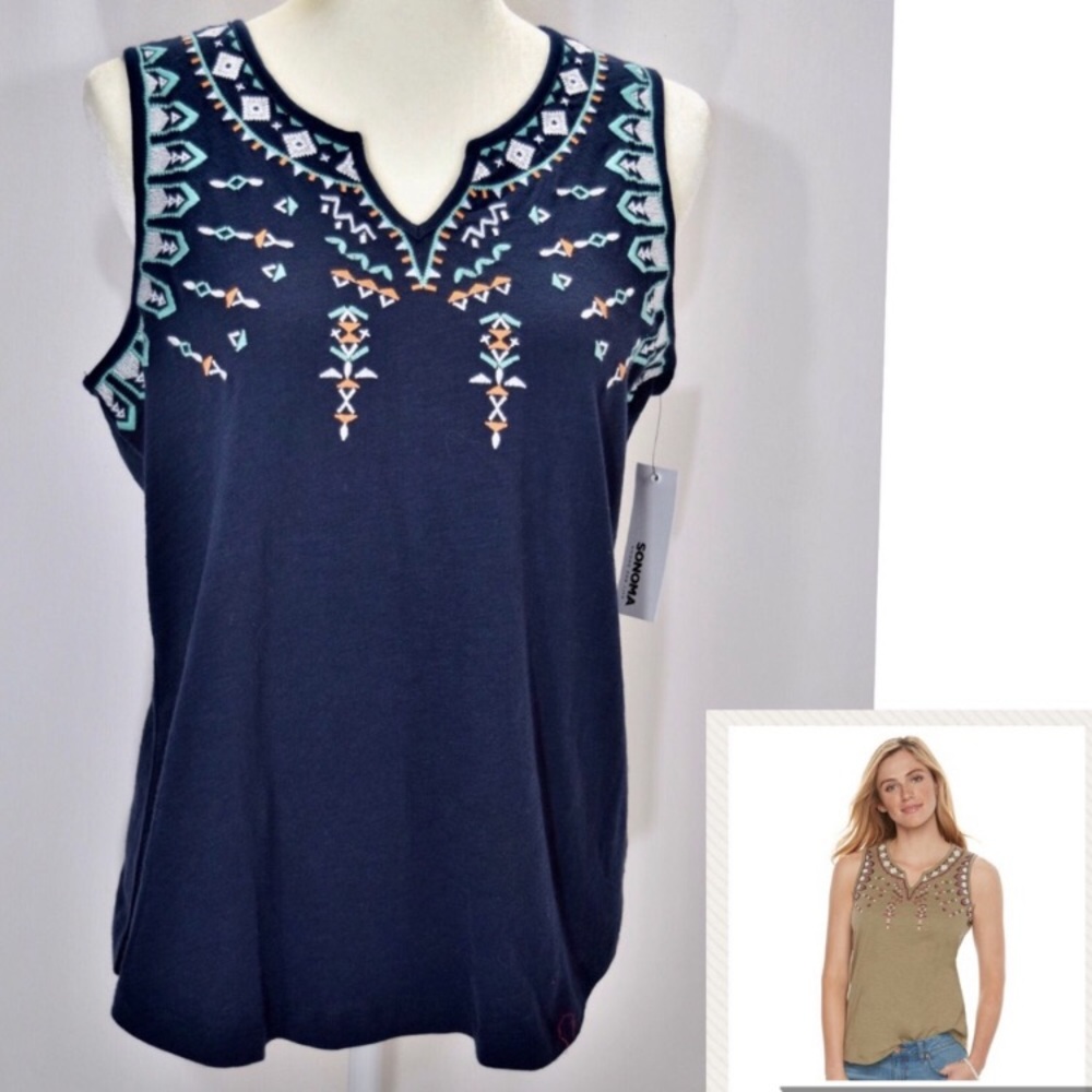 NWT Women’s Navy Embroidered High Low Tank Top